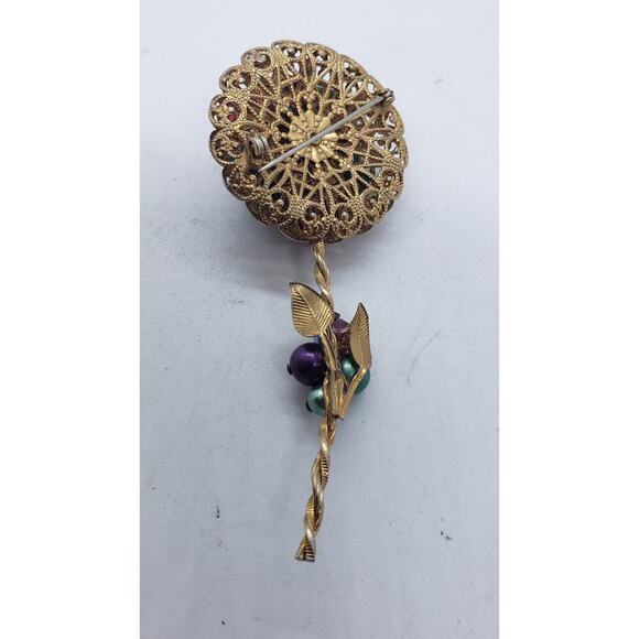 Vintage Ornate Flower Brooch Gold Filigree Beads Faux Pearl Rhinestone Haskell ? - Picture 8 of 11